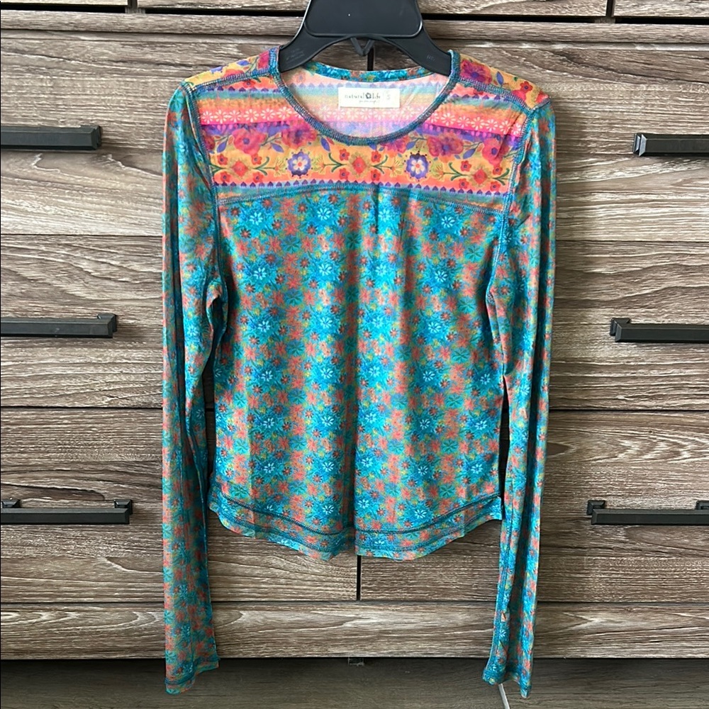 NATURAL LIFE Teal Floral Long-Sleeve Top with Coral Accents
